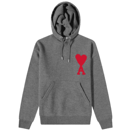 Ami Large a Heart Knitted Popover Hoodie Heather Grey & Red